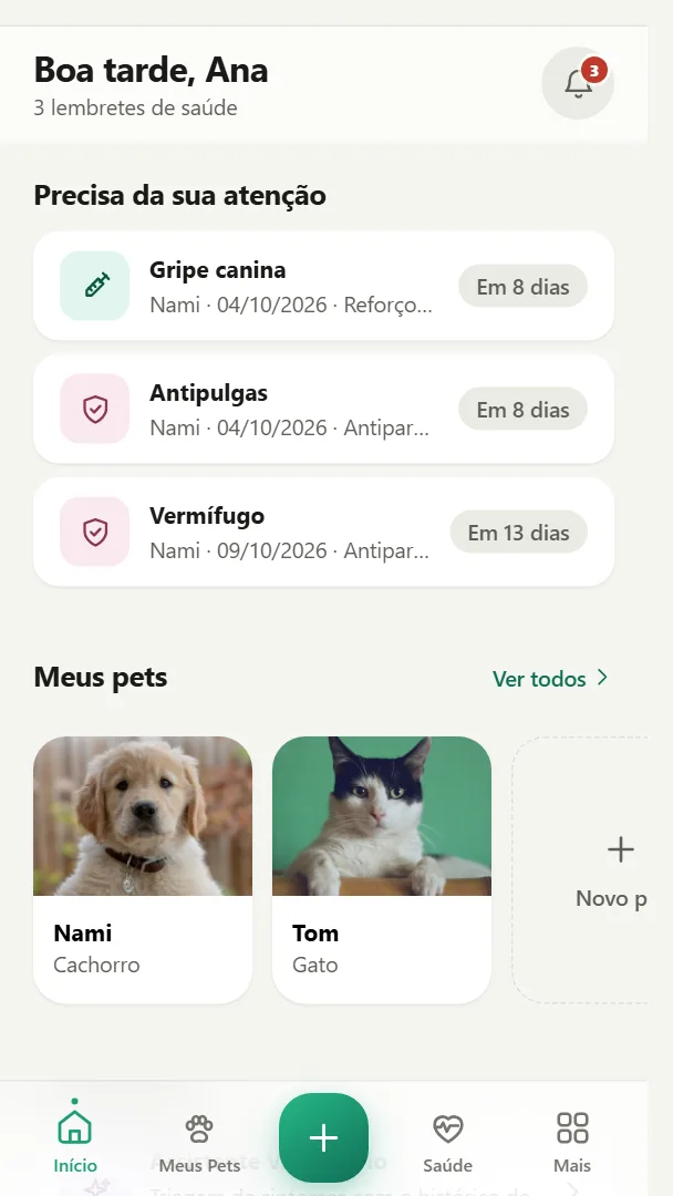 Tela real do app: início com os lembretes de saúde