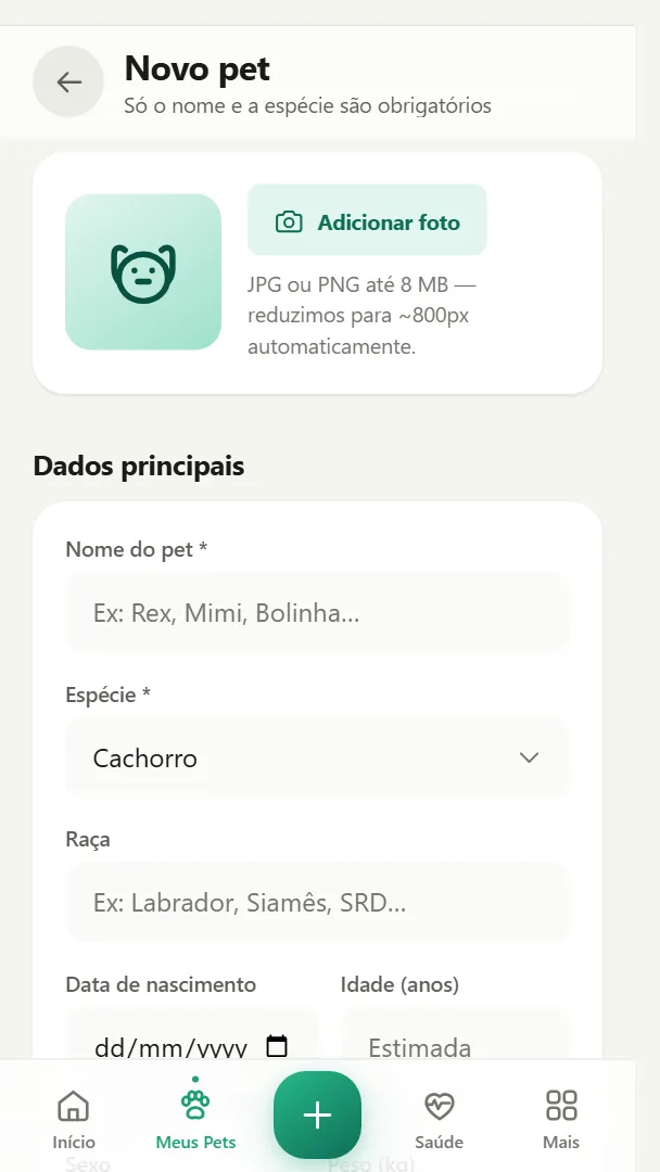 Tela real do app: cadastro de um novo pet