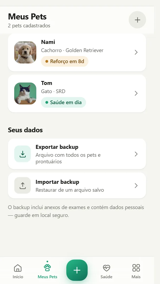 Tela real do app: lista de pets com foto e situação de saúde