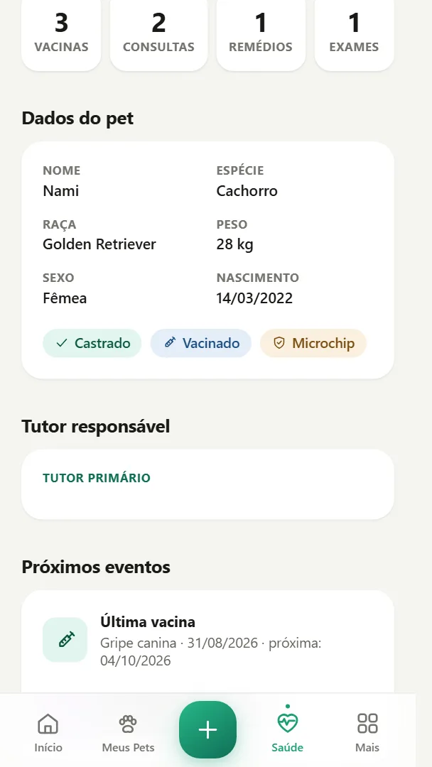 Tela real do app: resumo do prontuário com os próximos eventos